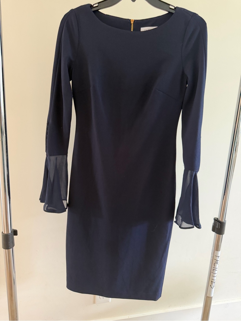 Calvin Klein Navy Long Sleeve Sheath Dress with Chiffon Flare Cuffs
